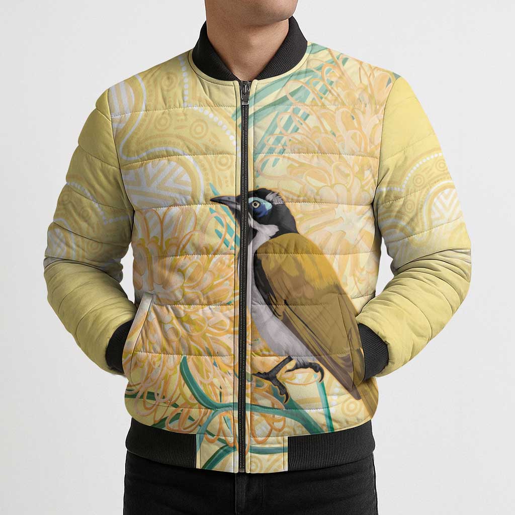 Australia Grevillea And Honeyeaters Bomber Puffer Jacket Aboriginal Art - Watercolor Style - Aussie Hoodie