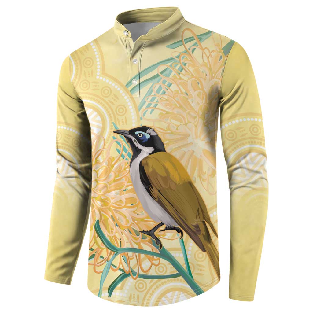 Australia Grevillea And Honeyeaters Button Sweatshirt Aboriginal Art - Watercolor Style