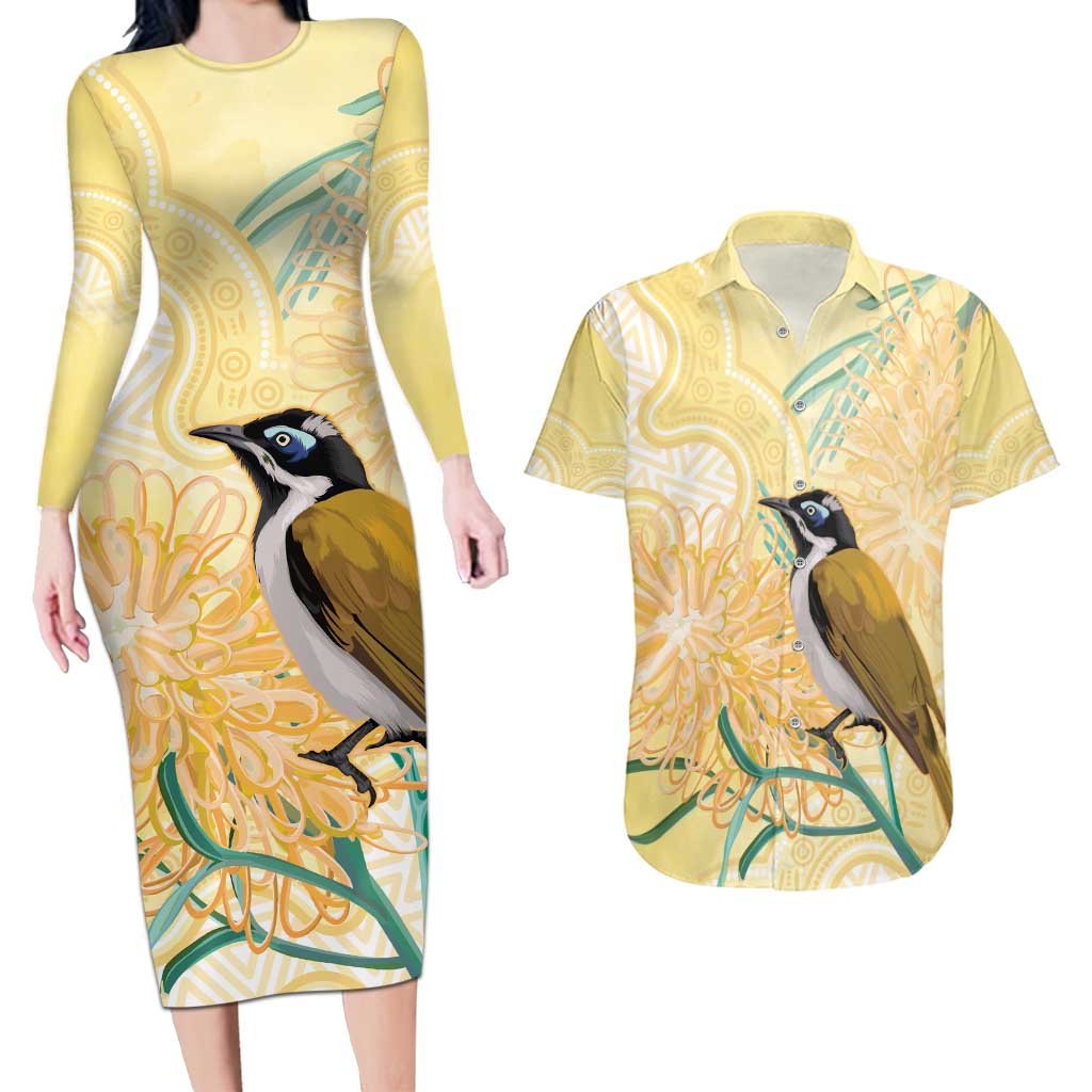 Australia Grevillea And Honeyeaters Couples Matching Long Sleeve Bodycon Dress and Hawaiian Shirt Aboriginal Art - Watercolor Style