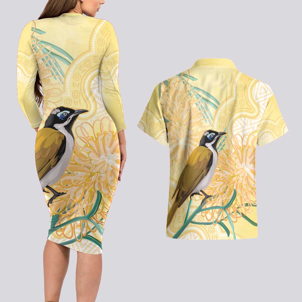 Australia Grevillea And Honeyeaters Couples Matching Long Sleeve Bodycon Dress and Hawaiian Shirt Aboriginal Art - Watercolor Style