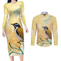 Australia Grevillea And Honeyeaters Couples Matching Long Sleeve Bodycon Dress and Long Sleeve Button Shirt Aboriginal Art - Watercolor Style