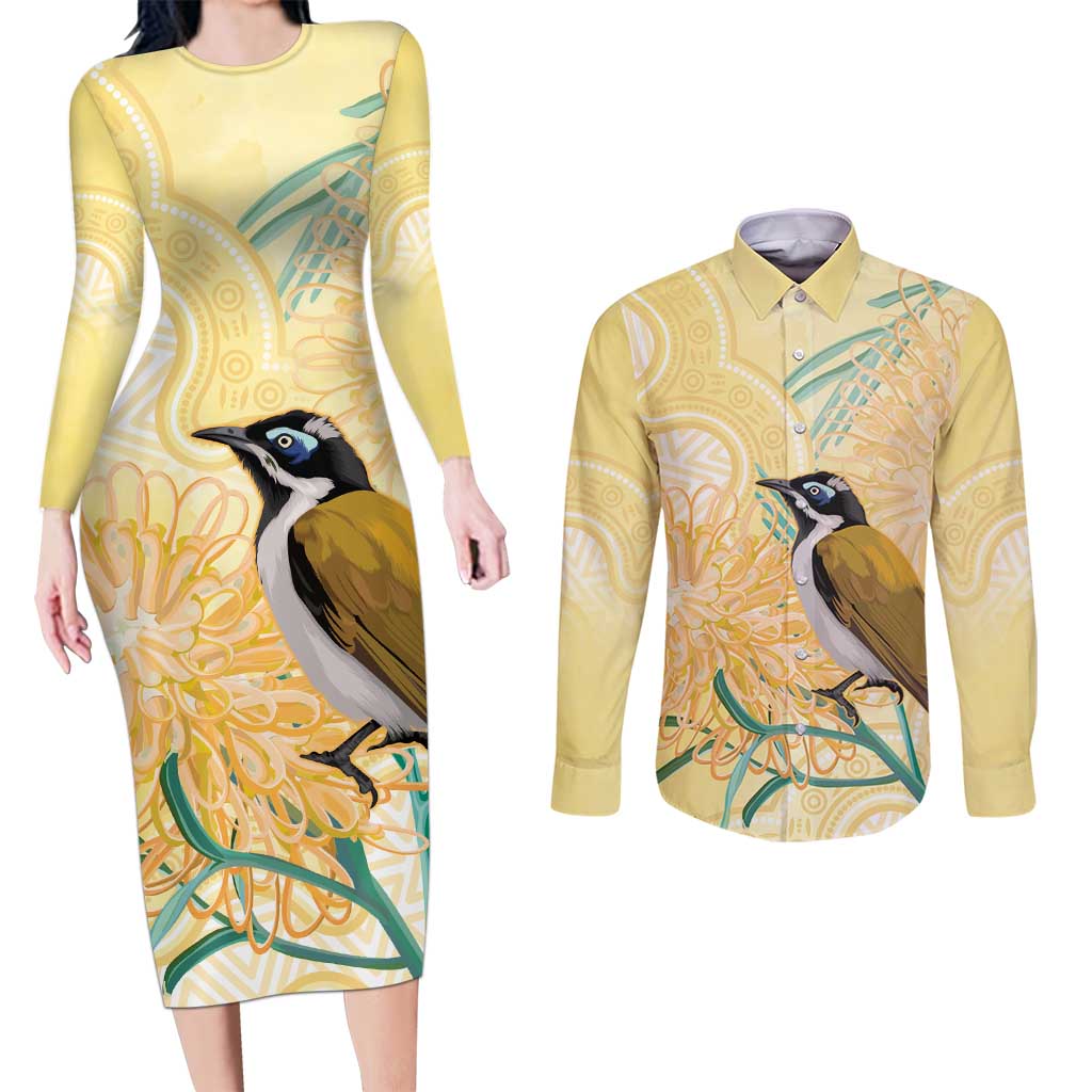 Australia Grevillea And Honeyeaters Couples Matching Long Sleeve Bodycon Dress and Long Sleeve Button Shirt Aboriginal Art - Watercolor Style