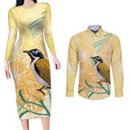 Australia Grevillea And Honeyeaters Couples Matching Long Sleeve Bodycon Dress and Long Sleeve Button Shirt Aboriginal Art - Watercolor Style
