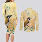 Australia Grevillea And Honeyeaters Couples Matching Long Sleeve Bodycon Dress and Long Sleeve Button Shirt Aboriginal Art - Watercolor Style