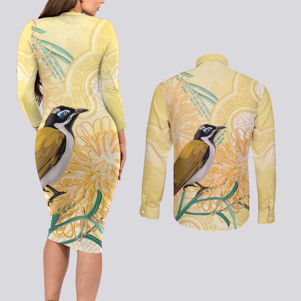 Australia Grevillea And Honeyeaters Couples Matching Long Sleeve Bodycon Dress and Long Sleeve Button Shirt Aboriginal Art - Watercolor Style