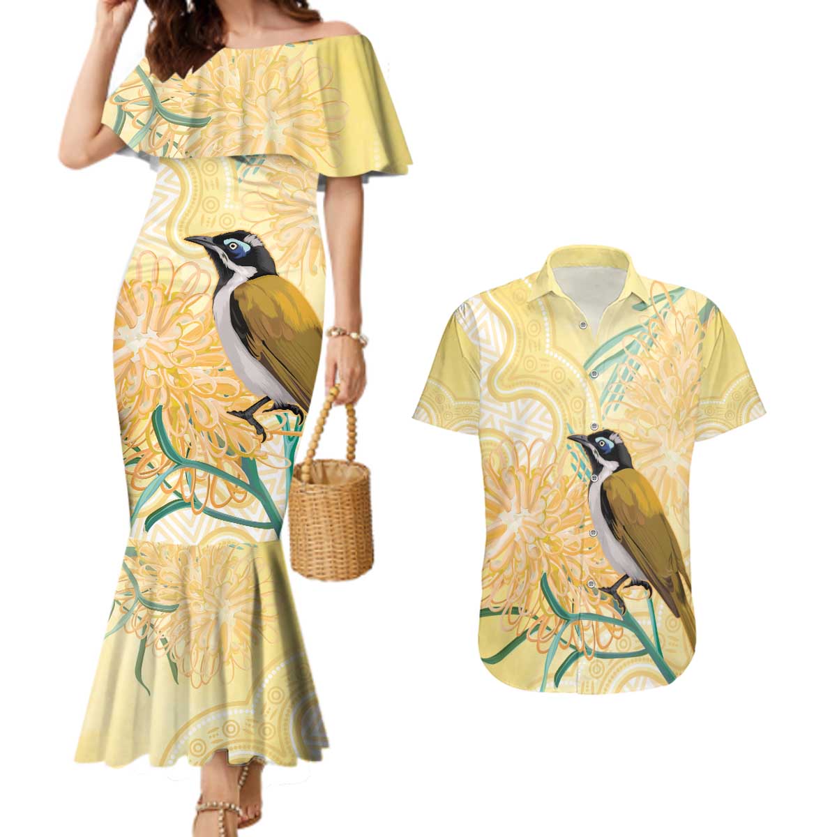 Australia Grevillea And Honeyeaters Couples Matching Mermaid Dress and Hawaiian Shirt Aboriginal Art - Watercolor Style
