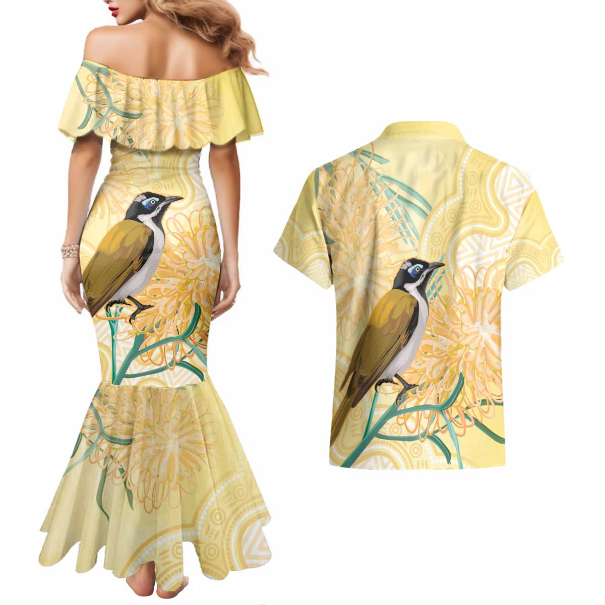 Australia Grevillea And Honeyeaters Couples Matching Mermaid Dress and Hawaiian Shirt Aboriginal Art - Watercolor Style