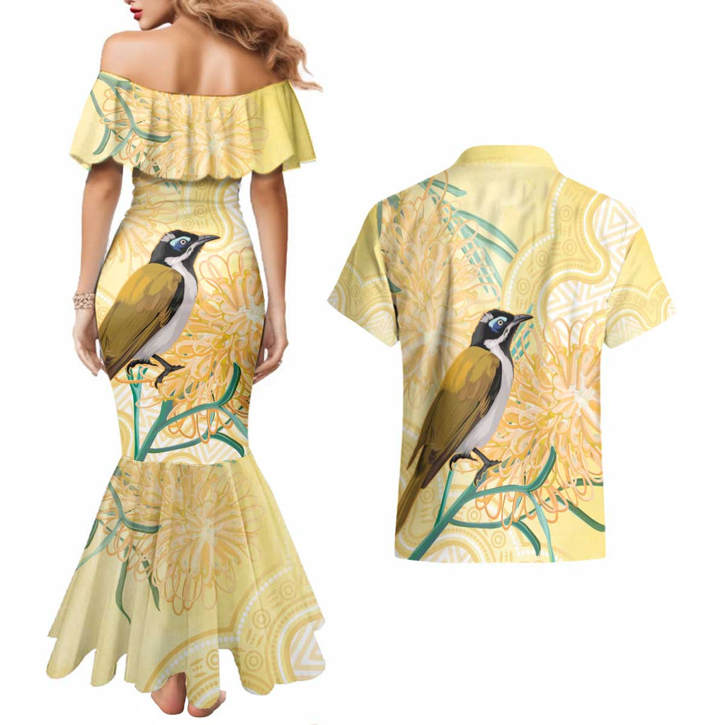 Australia Grevillea And Honeyeaters Couples Matching Mermaid Dress and Hawaiian Shirt Aboriginal Art - Watercolor Style