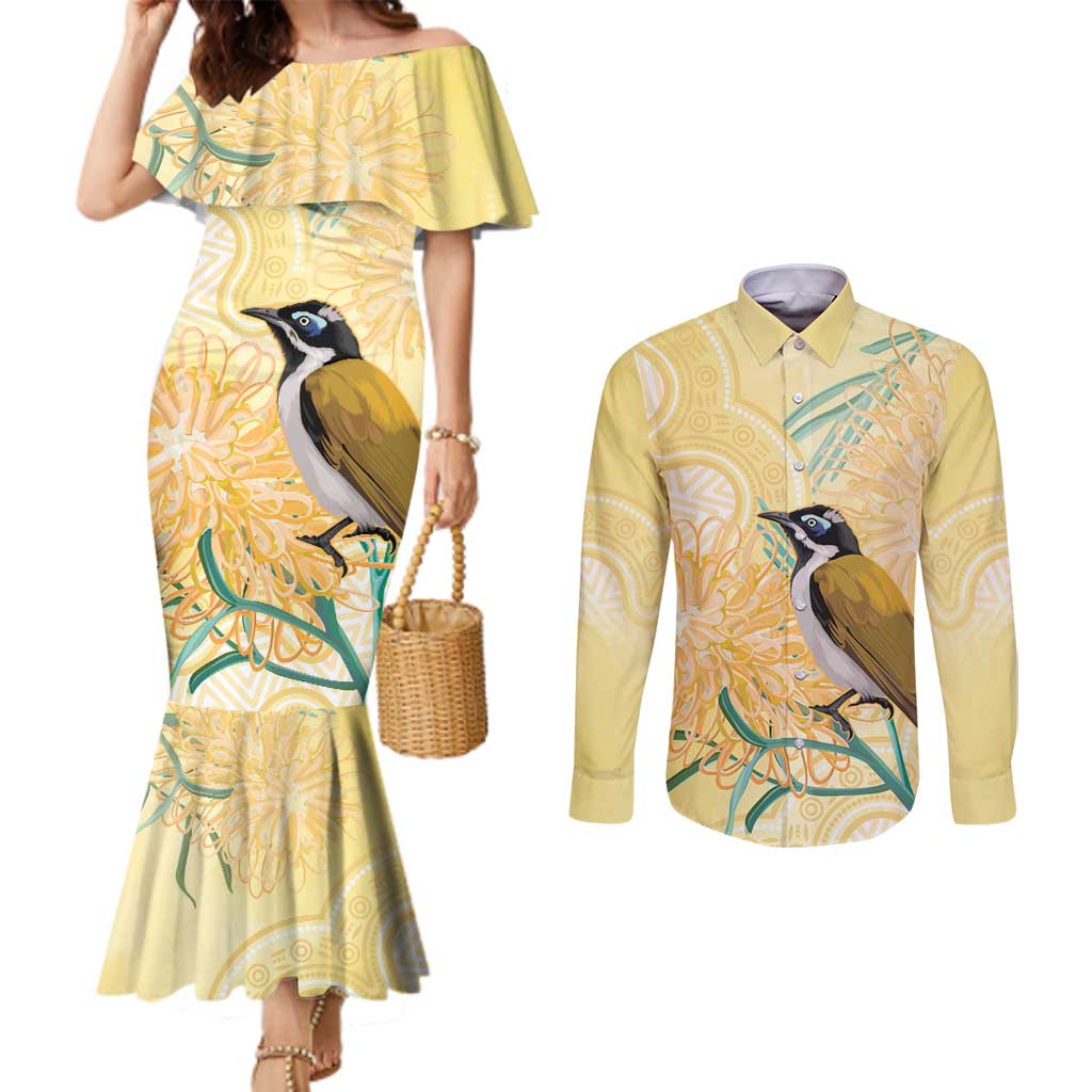 Australia Grevillea And Honeyeaters Couples Matching Mermaid Dress and Long Sleeve Button Shirt Aboriginal Art - Watercolor Style