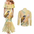 Australia Grevillea And Honeyeaters Couples Matching Mermaid Dress and Long Sleeve Button Shirt Aboriginal Art - Watercolor Style