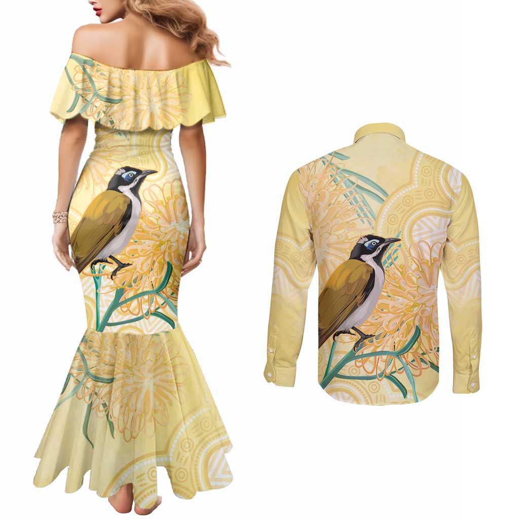 Australia Grevillea And Honeyeaters Couples Matching Mermaid Dress and Long Sleeve Button Shirt Aboriginal Art - Watercolor Style