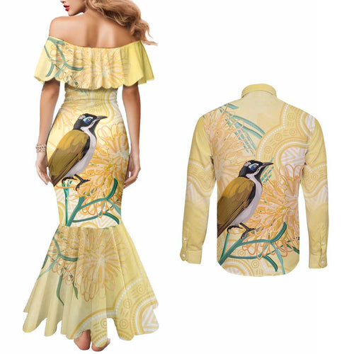 Australia Grevillea And Honeyeaters Couples Matching Mermaid Dress and Long Sleeve Button Shirt Aboriginal Art - Watercolor Style