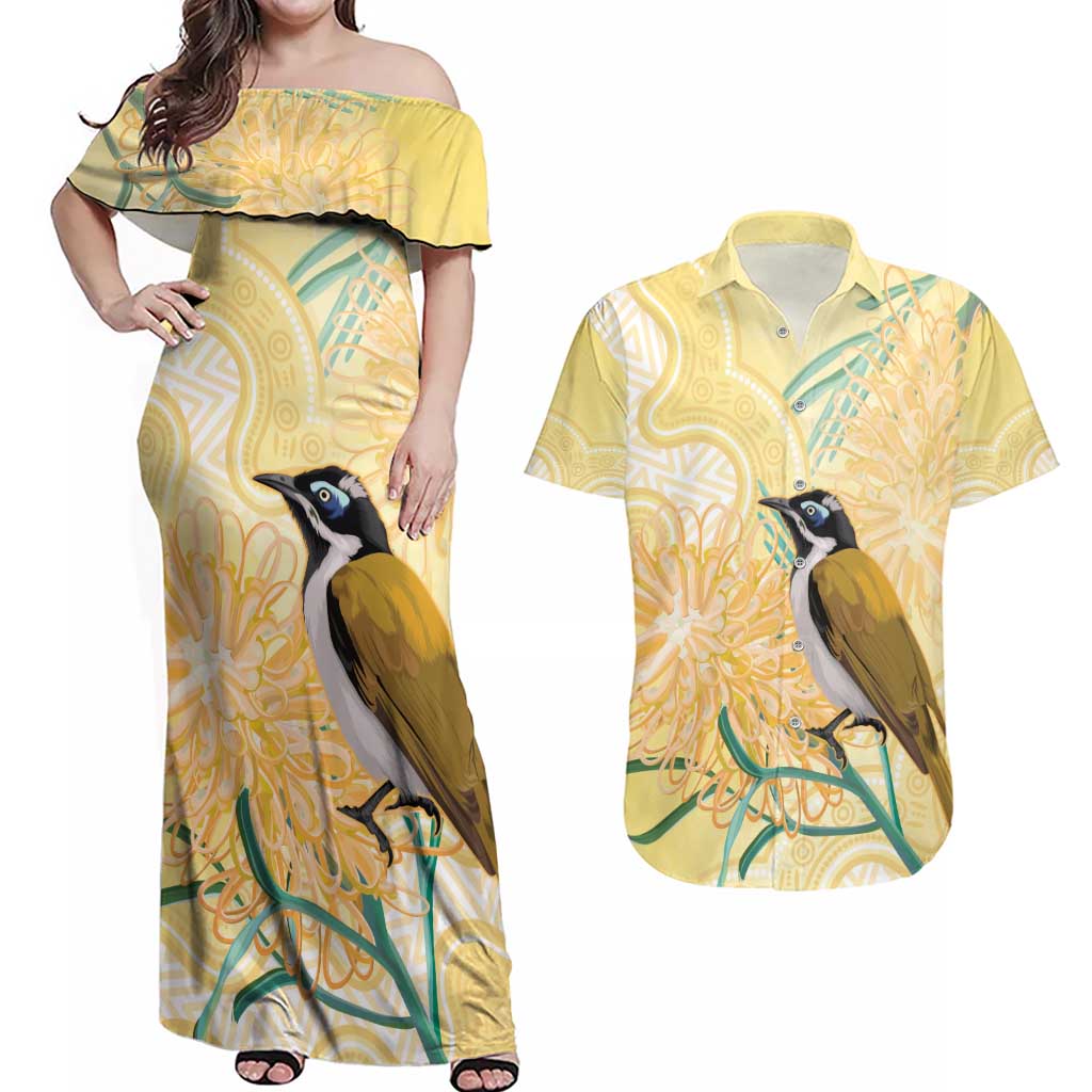 Australia Grevillea And Honeyeaters Couples Matching Off Shoulder Maxi Dress and Hawaiian Shirt Aboriginal Art - Watercolor Style