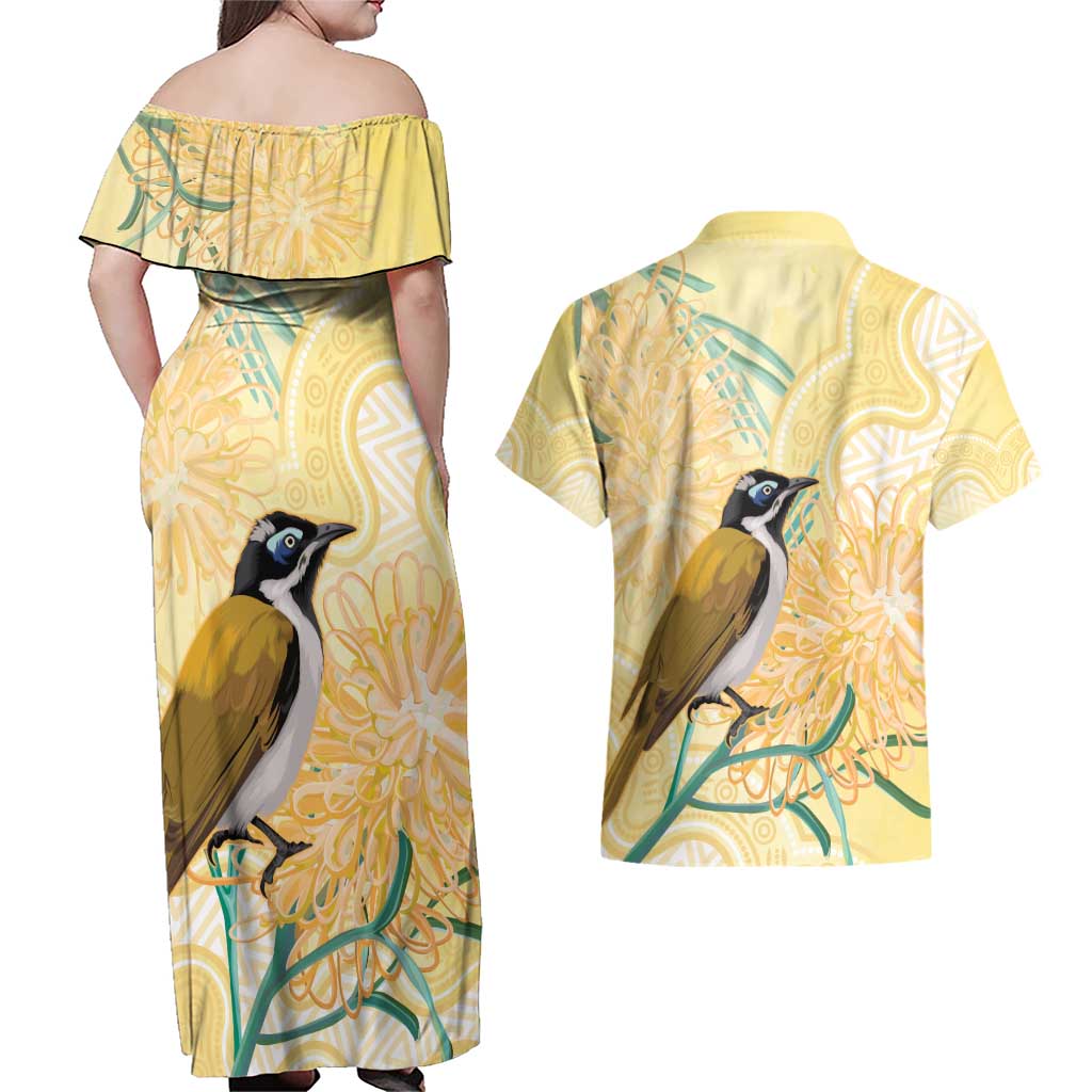 Australia Grevillea And Honeyeaters Couples Matching Off Shoulder Maxi Dress and Hawaiian Shirt Aboriginal Art - Watercolor Style