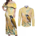 Australia Grevillea And Honeyeaters Couples Matching Off Shoulder Maxi Dress and Long Sleeve Button Shirt Aboriginal Art - Watercolor Style