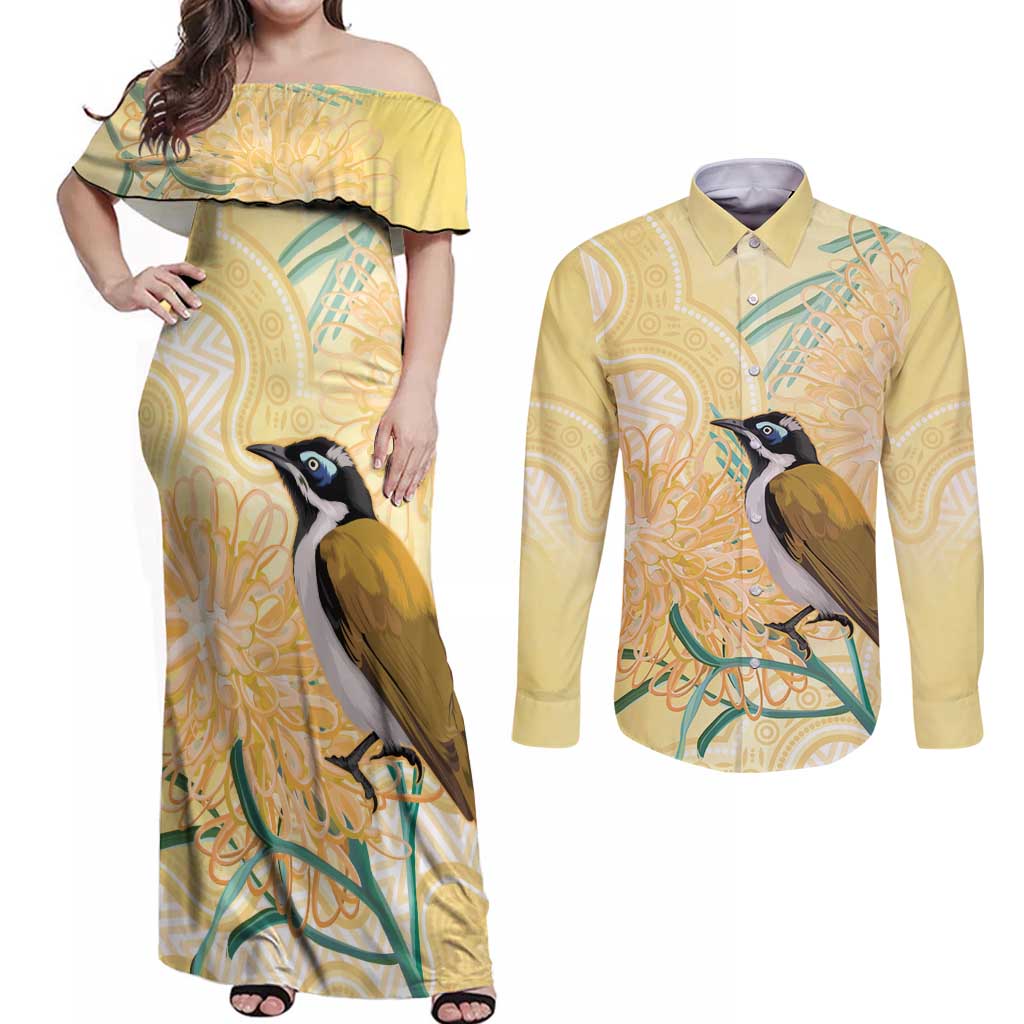 Australia Grevillea And Honeyeaters Couples Matching Off Shoulder Maxi Dress and Long Sleeve Button Shirt Aboriginal Art - Watercolor Style