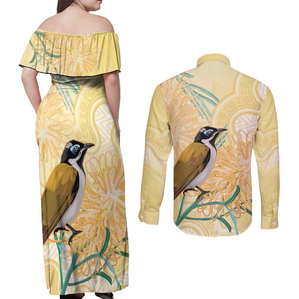 Australia Grevillea And Honeyeaters Couples Matching Off Shoulder Maxi Dress and Long Sleeve Button Shirt Aboriginal Art - Watercolor Style