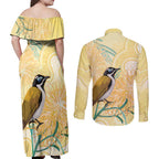 Australia Grevillea And Honeyeaters Couples Matching Off Shoulder Maxi Dress and Long Sleeve Button Shirt Aboriginal Art - Watercolor Style