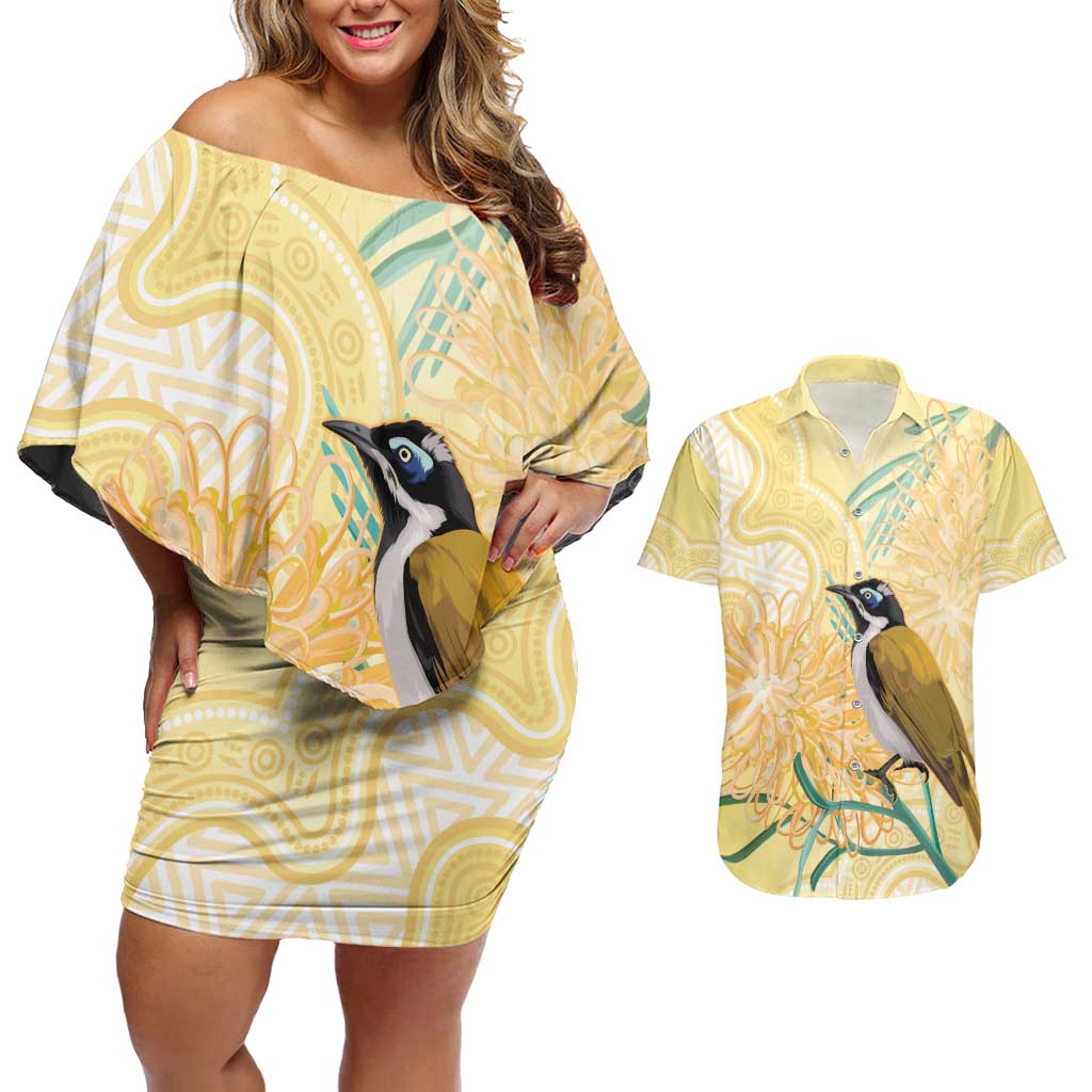 Australia Grevillea And Honeyeaters Couples Matching Off Shoulder Short Dress and Hawaiian Shirt Aboriginal Art - Watercolor Style