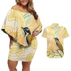 Australia Grevillea And Honeyeaters Couples Matching Off Shoulder Short Dress and Hawaiian Shirt Aboriginal Art - Watercolor Style