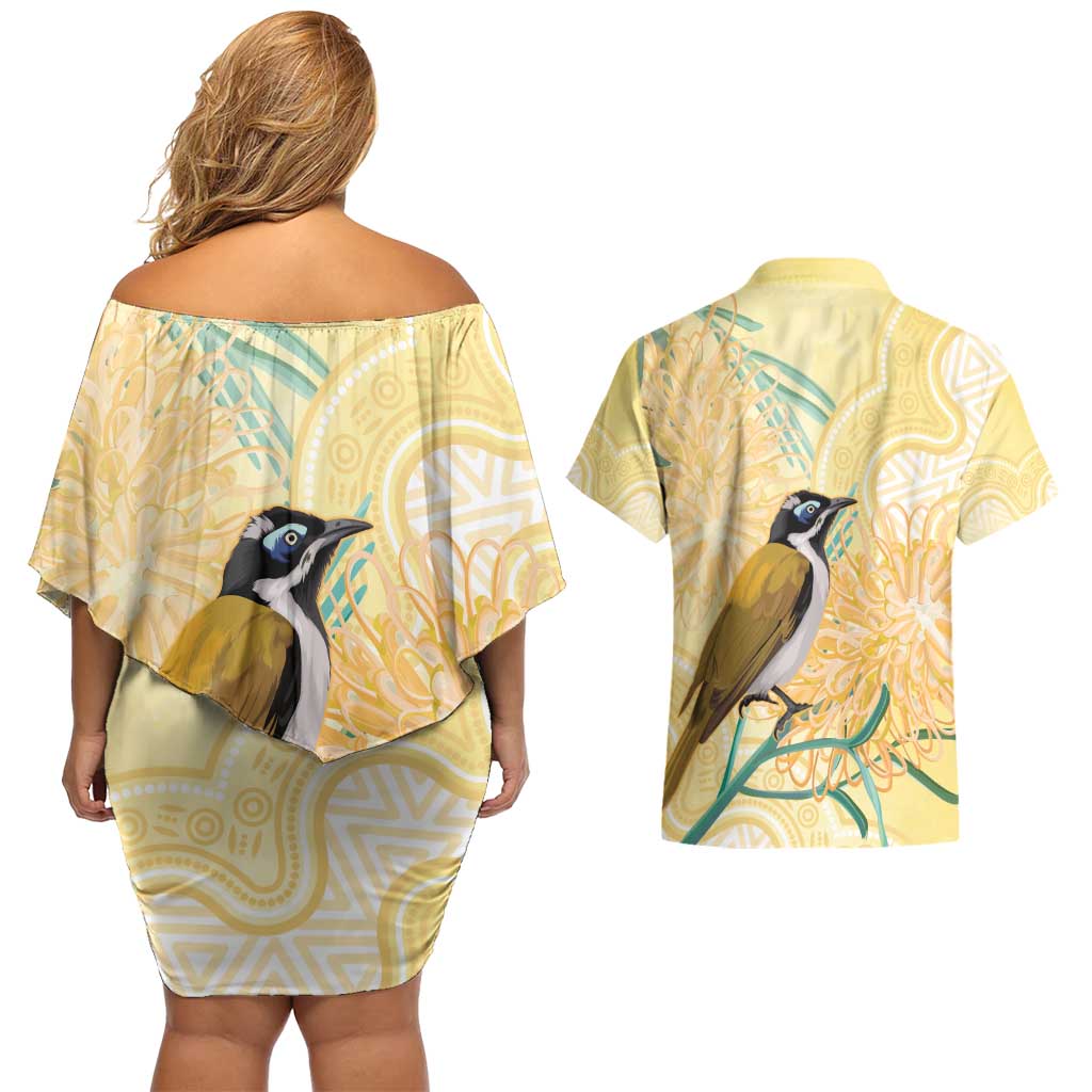 Australia Grevillea And Honeyeaters Couples Matching Off Shoulder Short Dress and Hawaiian Shirt Aboriginal Art - Watercolor Style