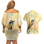 Australia Grevillea And Honeyeaters Couples Matching Off Shoulder Short Dress and Hawaiian Shirt Aboriginal Art - Watercolor Style