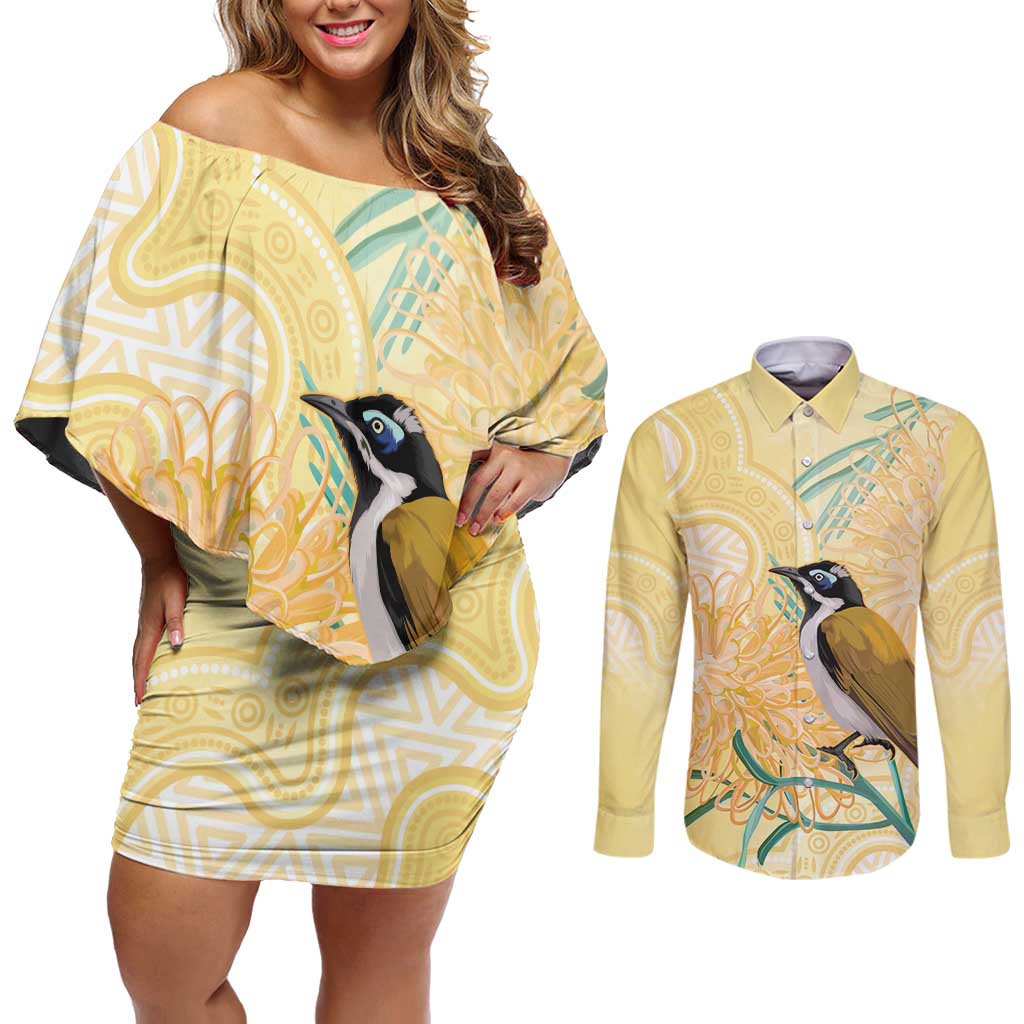 Australia Grevillea And Honeyeaters Couples Matching Off Shoulder Short Dress and Long Sleeve Button Shirt Aboriginal Art - Watercolor Style