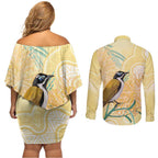 Australia Grevillea And Honeyeaters Couples Matching Off Shoulder Short Dress and Long Sleeve Button Shirt Aboriginal Art - Watercolor Style