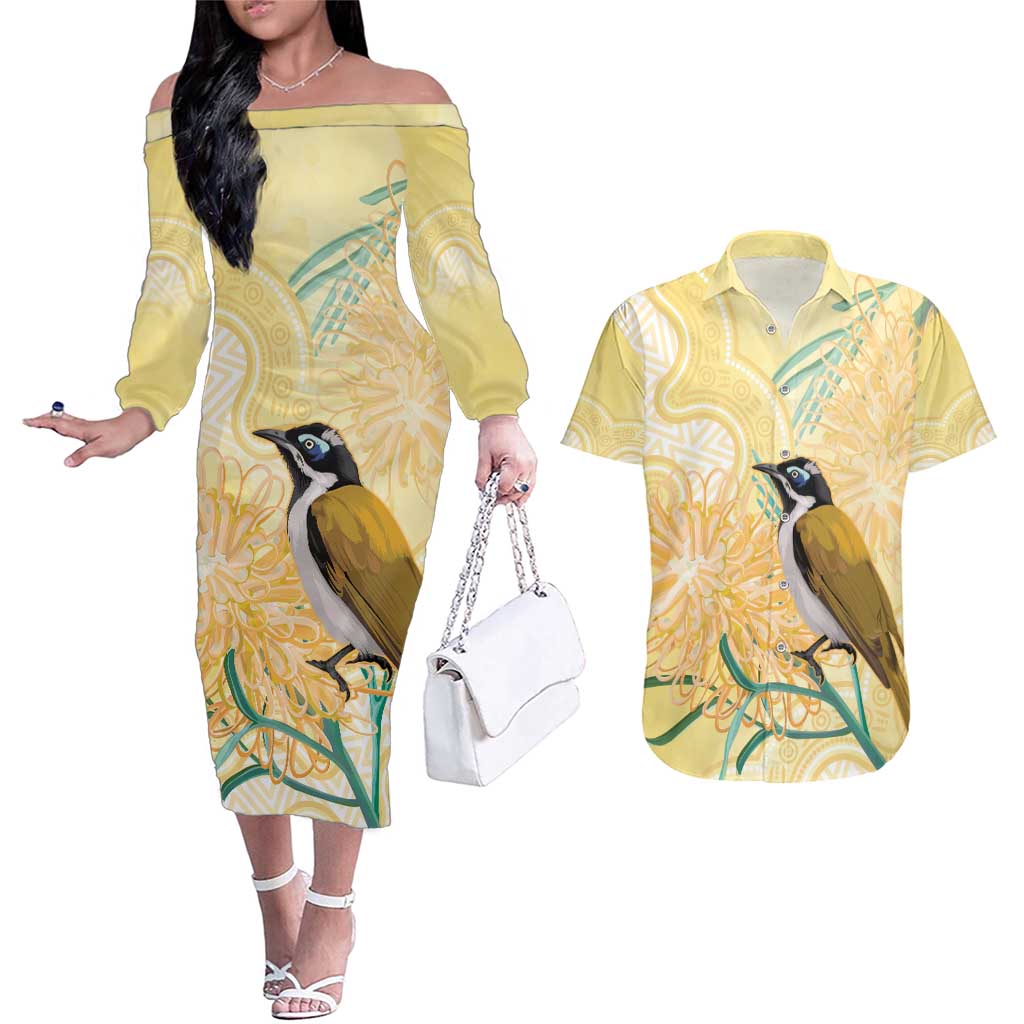 Australia Grevillea And Honeyeaters Couples Matching Off The Shoulder Long Sleeve Dress and Hawaiian Shirt Aboriginal Art - Watercolor Style