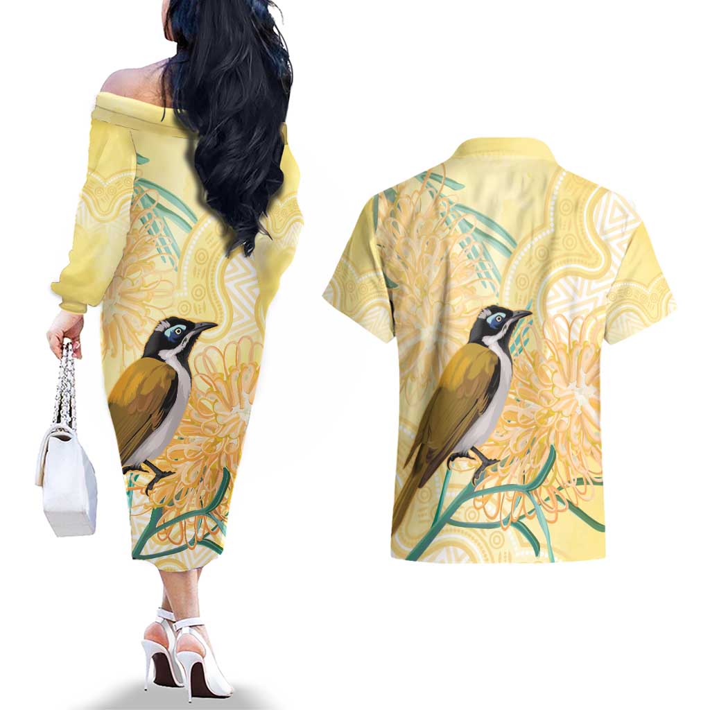 Australia Grevillea And Honeyeaters Couples Matching Off The Shoulder Long Sleeve Dress and Hawaiian Shirt Aboriginal Art - Watercolor Style