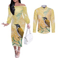 Australia Grevillea And Honeyeaters Couples Matching Off The Shoulder Long Sleeve Dress and Long Sleeve Button Shirt Aboriginal Art - Watercolor Style
