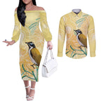 Australia Grevillea And Honeyeaters Couples Matching Off The Shoulder Long Sleeve Dress and Long Sleeve Button Shirt Aboriginal Art - Watercolor Style