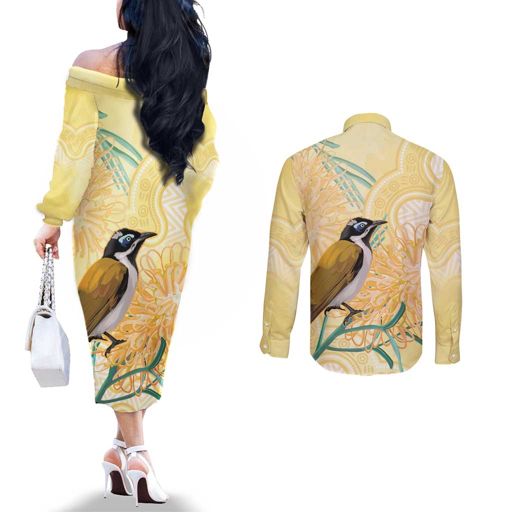 Australia Grevillea And Honeyeaters Couples Matching Off The Shoulder Long Sleeve Dress and Long Sleeve Button Shirt Aboriginal Art - Watercolor Style