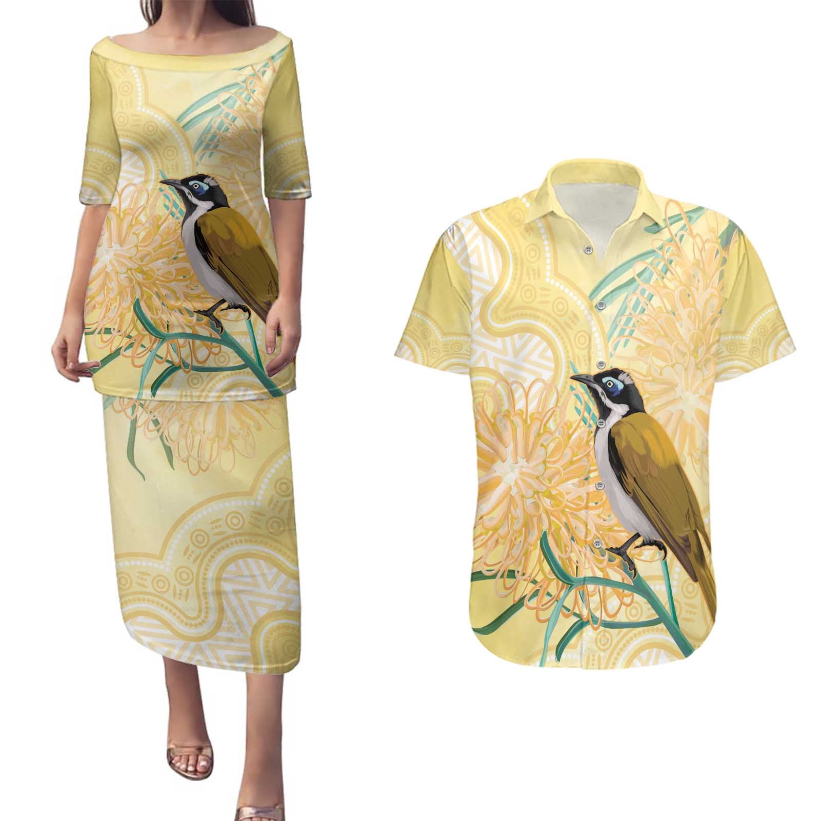 Australia Grevillea And Honeyeaters Couples Matching Puletasi and Hawaiian Shirt Aboriginal Art - Watercolor Style