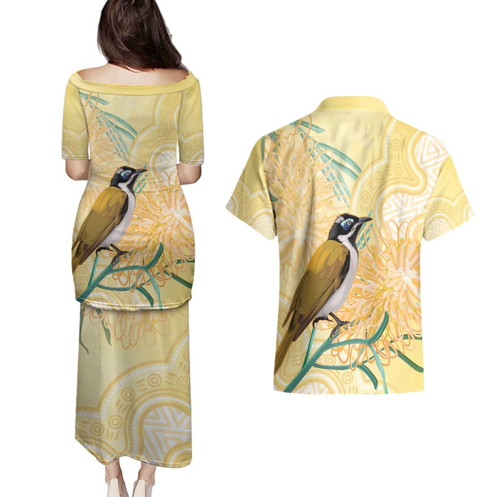 Australia Grevillea And Honeyeaters Couples Matching Puletasi and Hawaiian Shirt Aboriginal Art - Watercolor Style