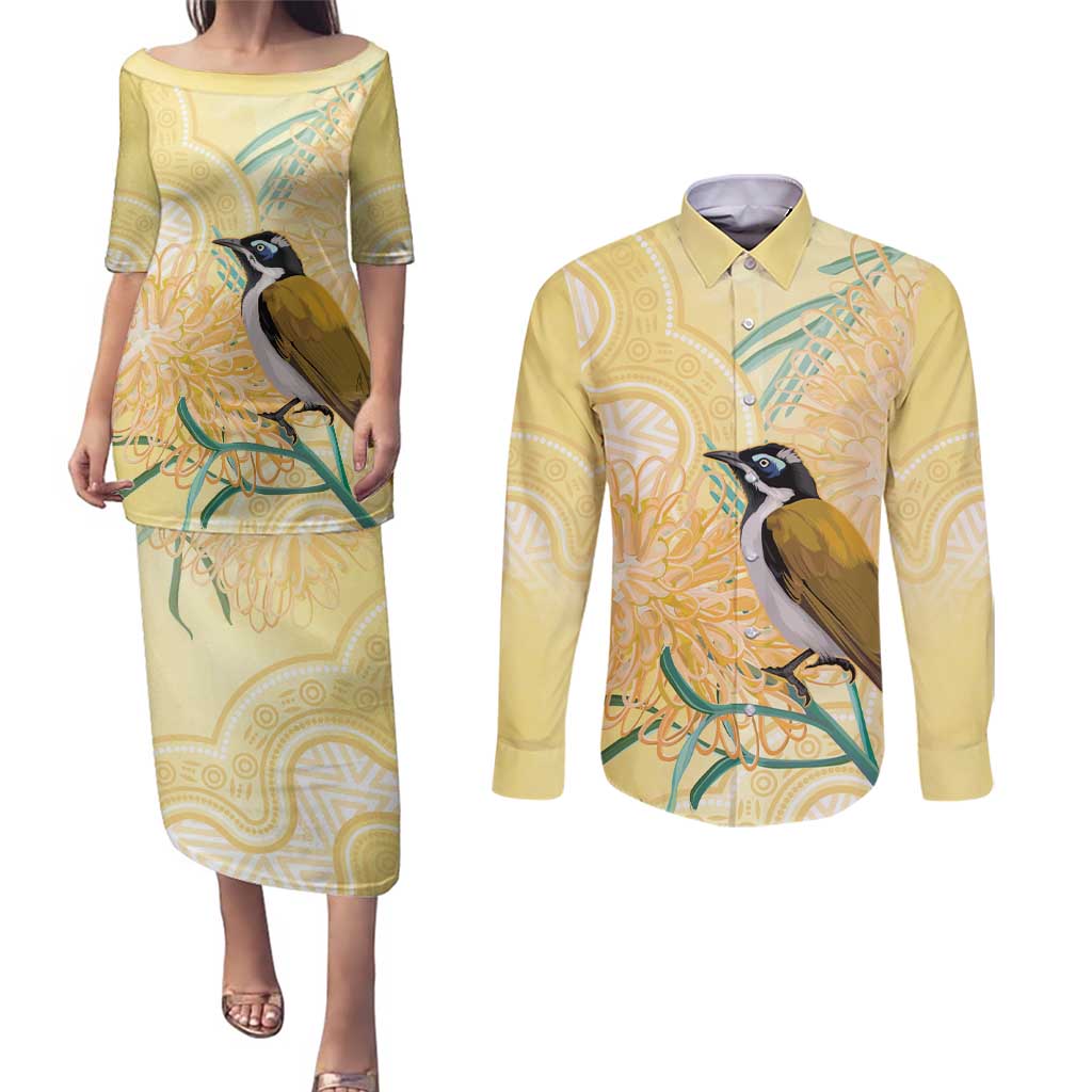 Australia Grevillea And Honeyeaters Couples Matching Puletasi and Long Sleeve Button Shirt Aboriginal Art - Watercolor Style