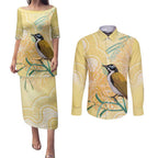 Australia Grevillea And Honeyeaters Couples Matching Puletasi and Long Sleeve Button Shirt Aboriginal Art - Watercolor Style