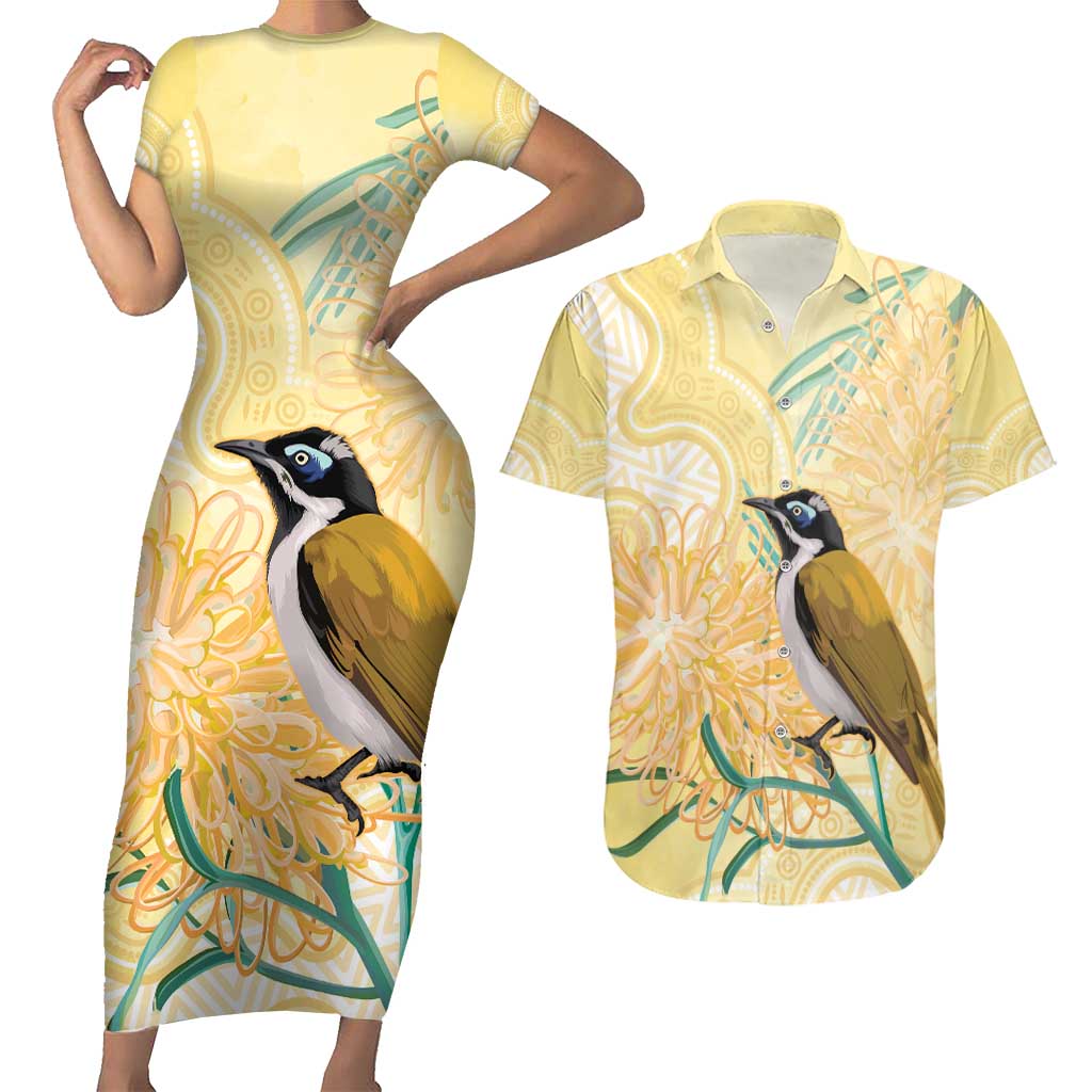 Australia Grevillea And Honeyeaters Couples Matching Short Sleeve Bodycon Dress and Hawaiian Shirt Aboriginal Art - Watercolor Style