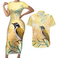 Australia Grevillea And Honeyeaters Couples Matching Short Sleeve Bodycon Dress and Hawaiian Shirt Aboriginal Art - Watercolor Style