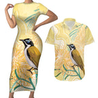 Australia Grevillea And Honeyeaters Couples Matching Short Sleeve Bodycon Dress and Hawaiian Shirt Aboriginal Art - Watercolor Style