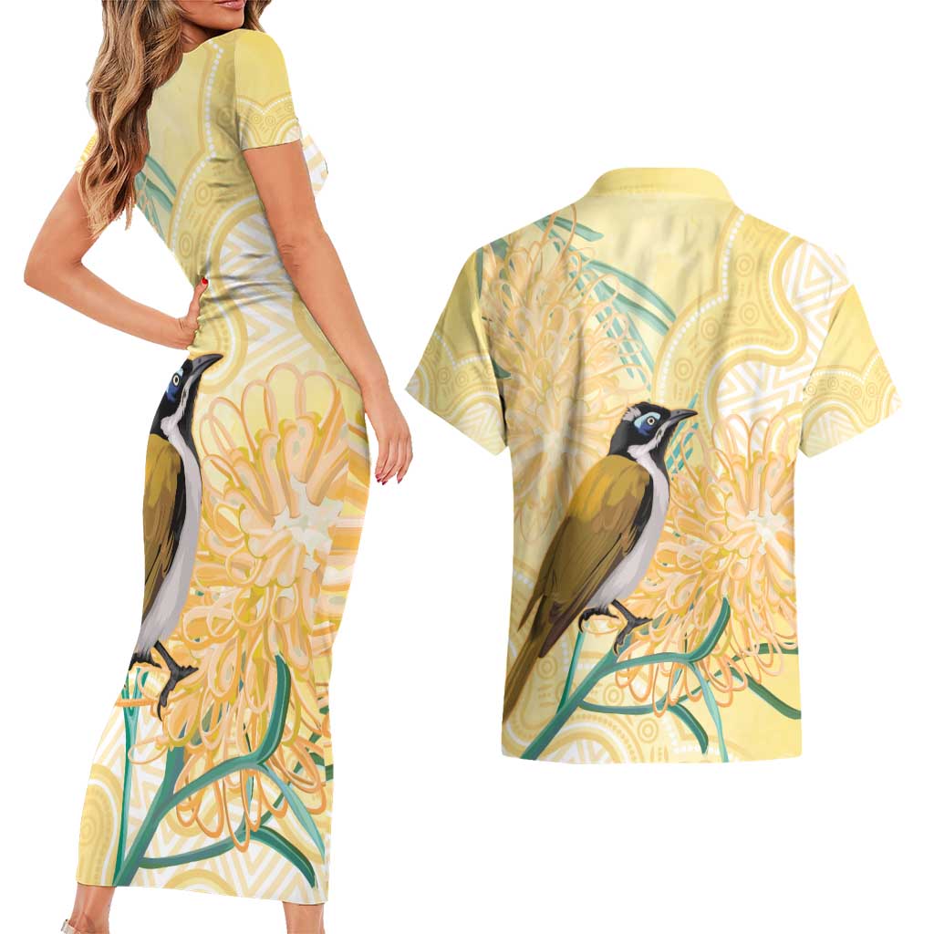 Australia Grevillea And Honeyeaters Couples Matching Short Sleeve Bodycon Dress and Hawaiian Shirt Aboriginal Art - Watercolor Style