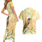 Australia Grevillea And Honeyeaters Couples Matching Short Sleeve Bodycon Dress and Hawaiian Shirt Aboriginal Art - Watercolor Style