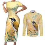 Australia Grevillea And Honeyeaters Couples Matching Short Sleeve Bodycon Dress and Long Sleeve Button Shirt Aboriginal Art - Watercolor Style