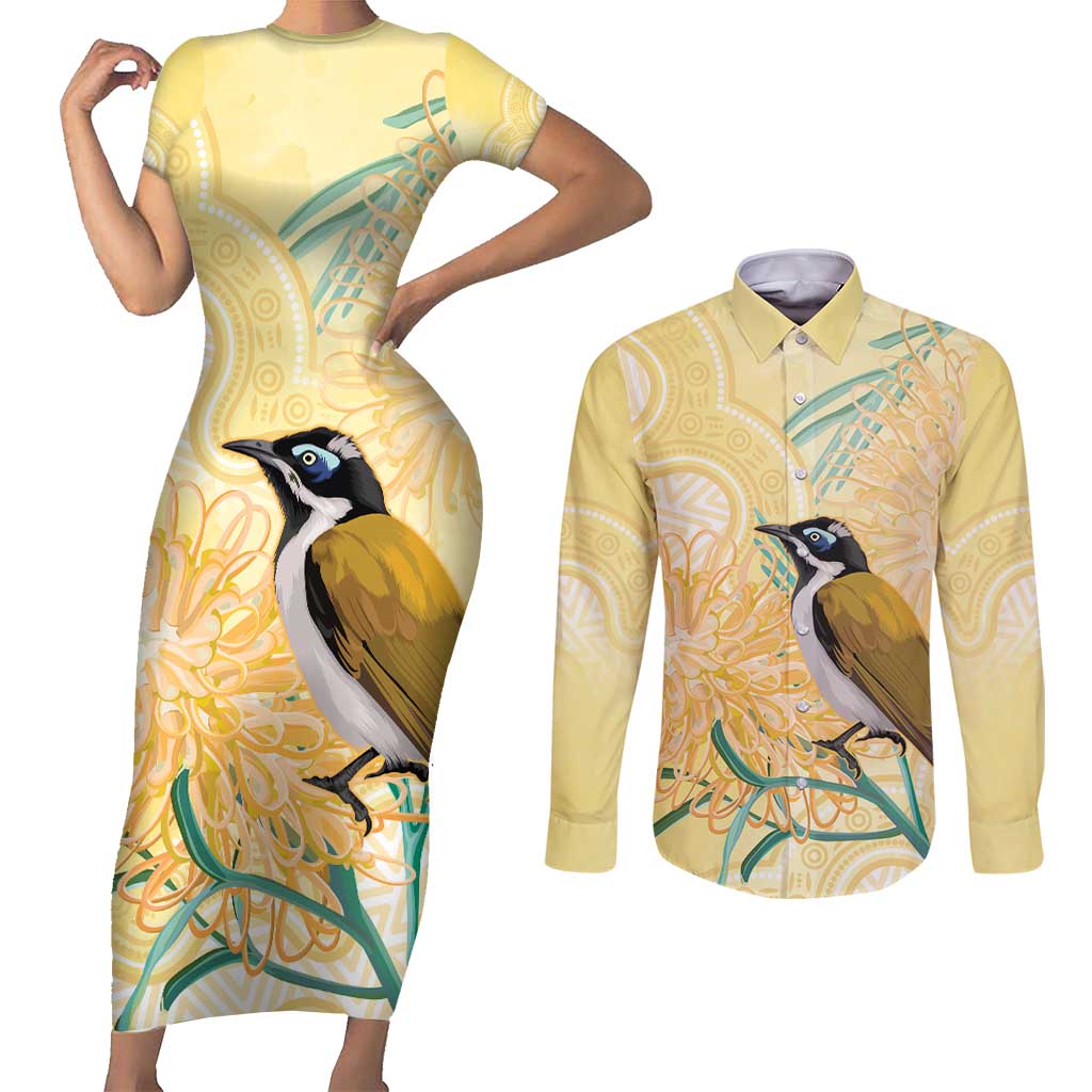 Australia Grevillea And Honeyeaters Couples Matching Short Sleeve Bodycon Dress and Long Sleeve Button Shirt Aboriginal Art - Watercolor Style