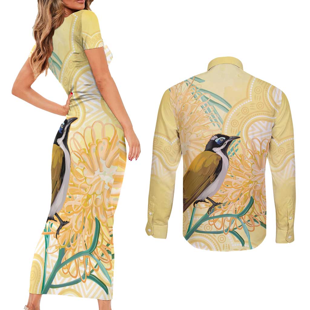 Australia Grevillea And Honeyeaters Couples Matching Short Sleeve Bodycon Dress and Long Sleeve Button Shirt Aboriginal Art - Watercolor Style