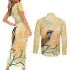 Australia Grevillea And Honeyeaters Couples Matching Short Sleeve Bodycon Dress and Long Sleeve Button Shirt Aboriginal Art - Watercolor Style
