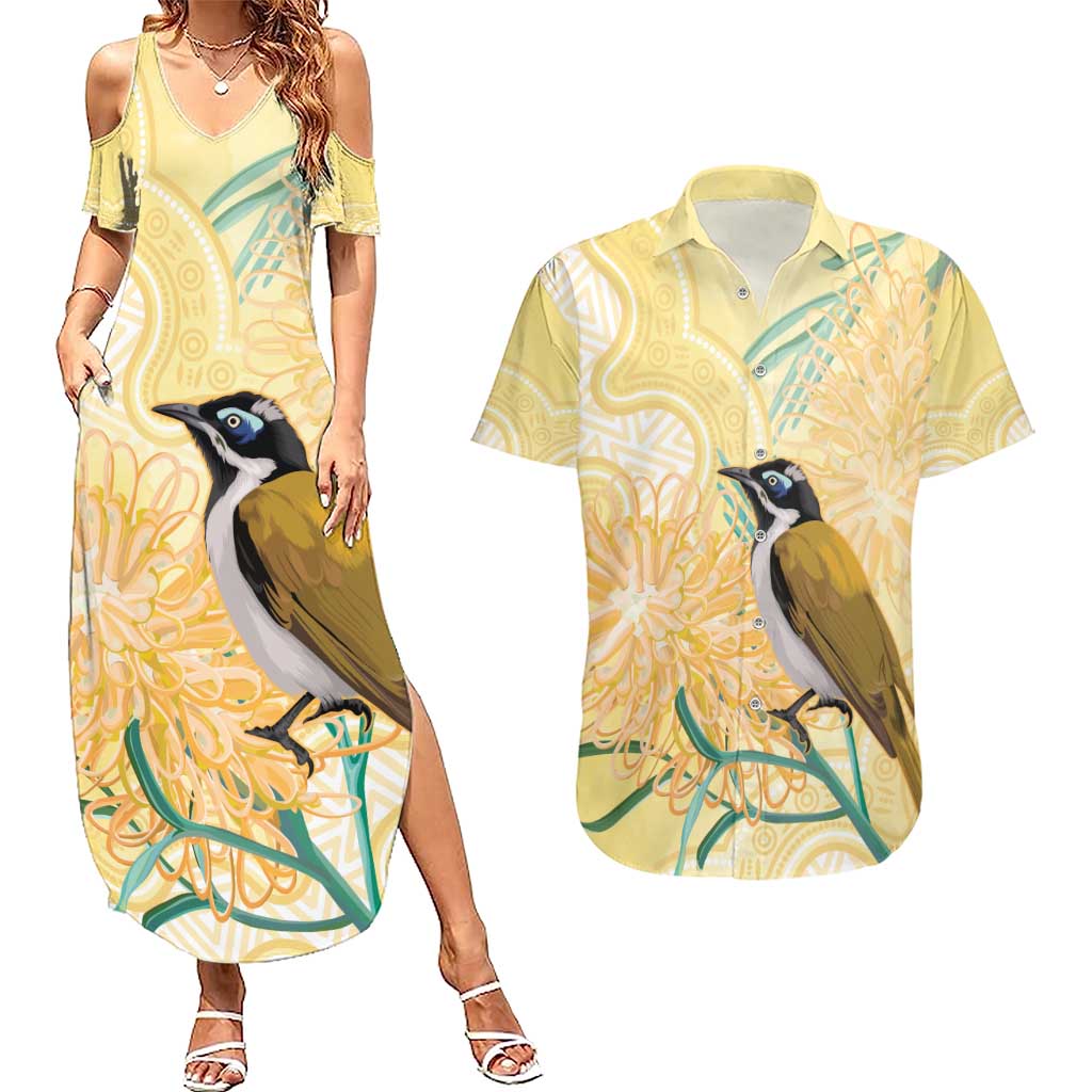 Australia Grevillea And Honeyeaters Couples Matching Summer Maxi Dress and Hawaiian Shirt Aboriginal Art - Watercolor Style