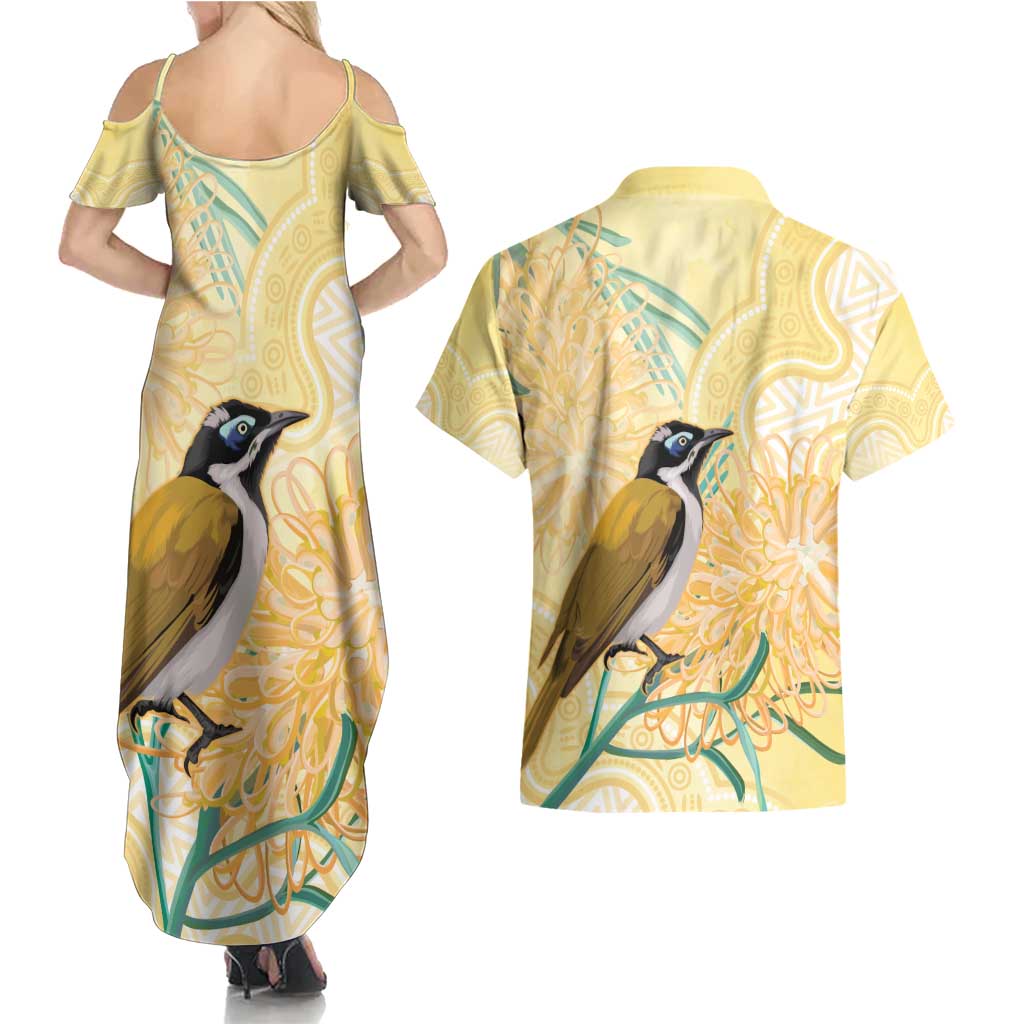 Australia Grevillea And Honeyeaters Couples Matching Summer Maxi Dress and Hawaiian Shirt Aboriginal Art - Watercolor Style