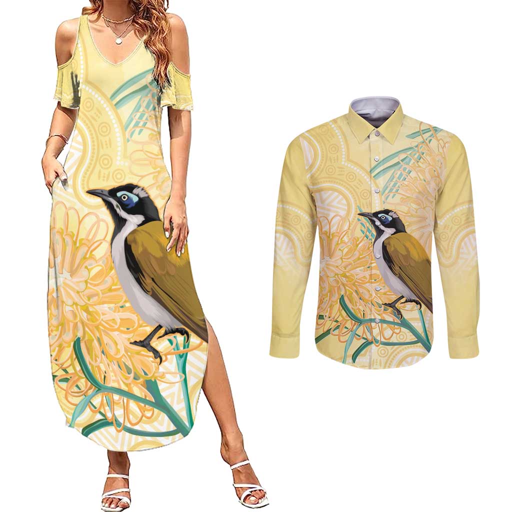 Australia Grevillea And Honeyeaters Couples Matching Summer Maxi Dress and Long Sleeve Button Shirt Aboriginal Art - Watercolor Style
