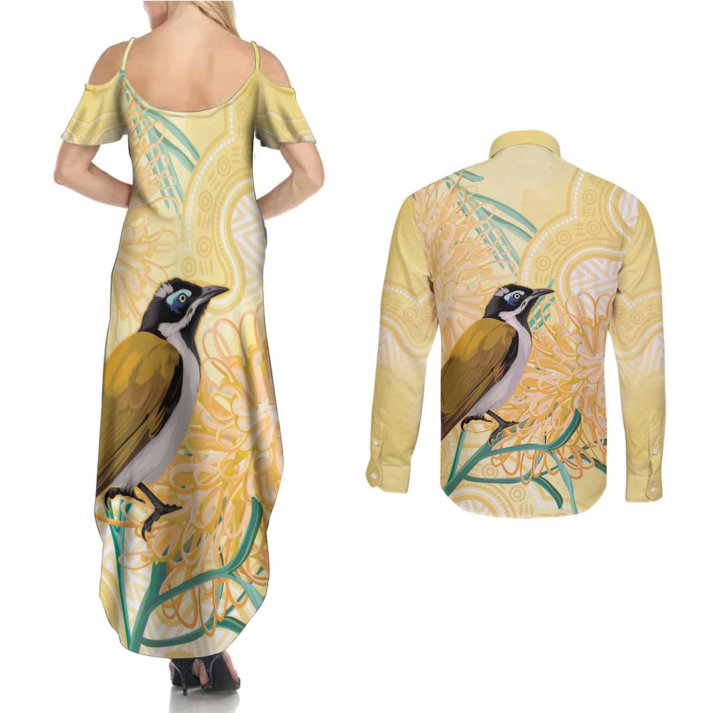 Australia Grevillea And Honeyeaters Couples Matching Summer Maxi Dress and Long Sleeve Button Shirt Aboriginal Art - Watercolor Style